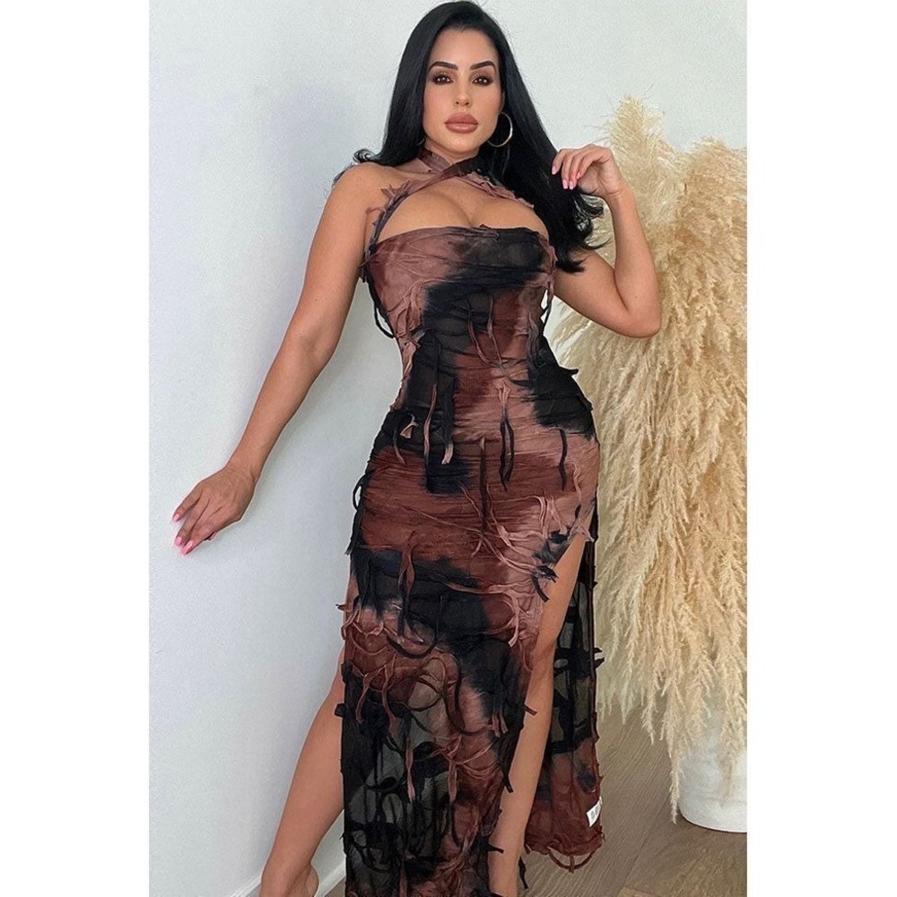 Micas Sexy Tie Dye Mesh Maxi Dress Halter Slit Bodycon Dress S NWT
